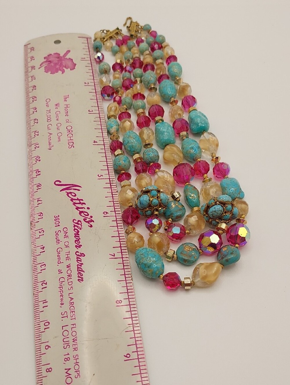 HATTIE CARNEGIE 3-Strand Vtg Blue Ceramic, AB Fuchsia Glass Choker Necklace MCM - Picture 10 of 16